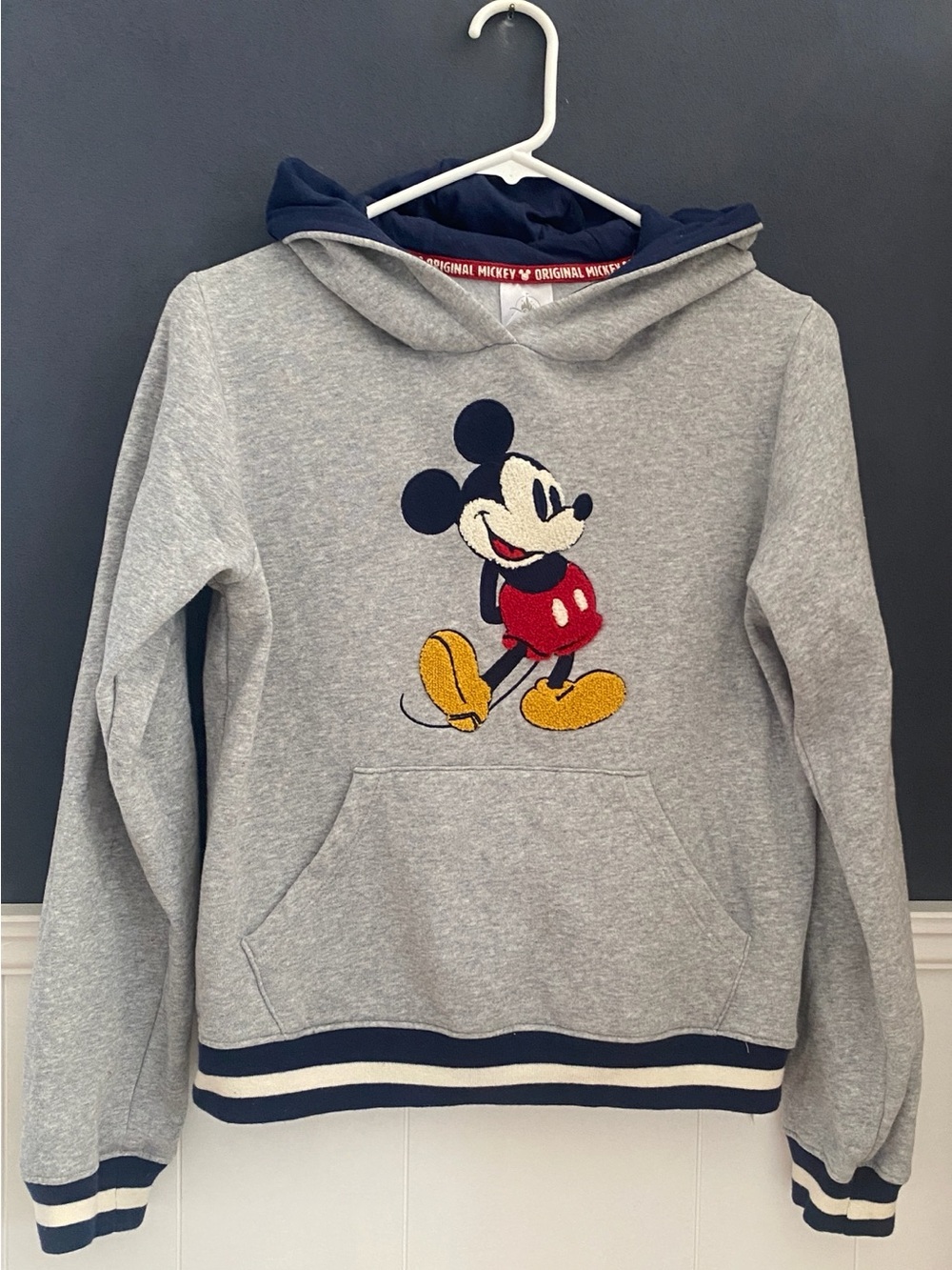 Disney Parks Mickey Mouse Fuzzy Chenille Hoodie Grey Bl/Wht Stripe Japan Market